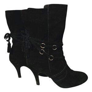 90s Y2K Black Suede Heeled Calf Boots Pointy Round Toe Tassel  Back Size 7.5